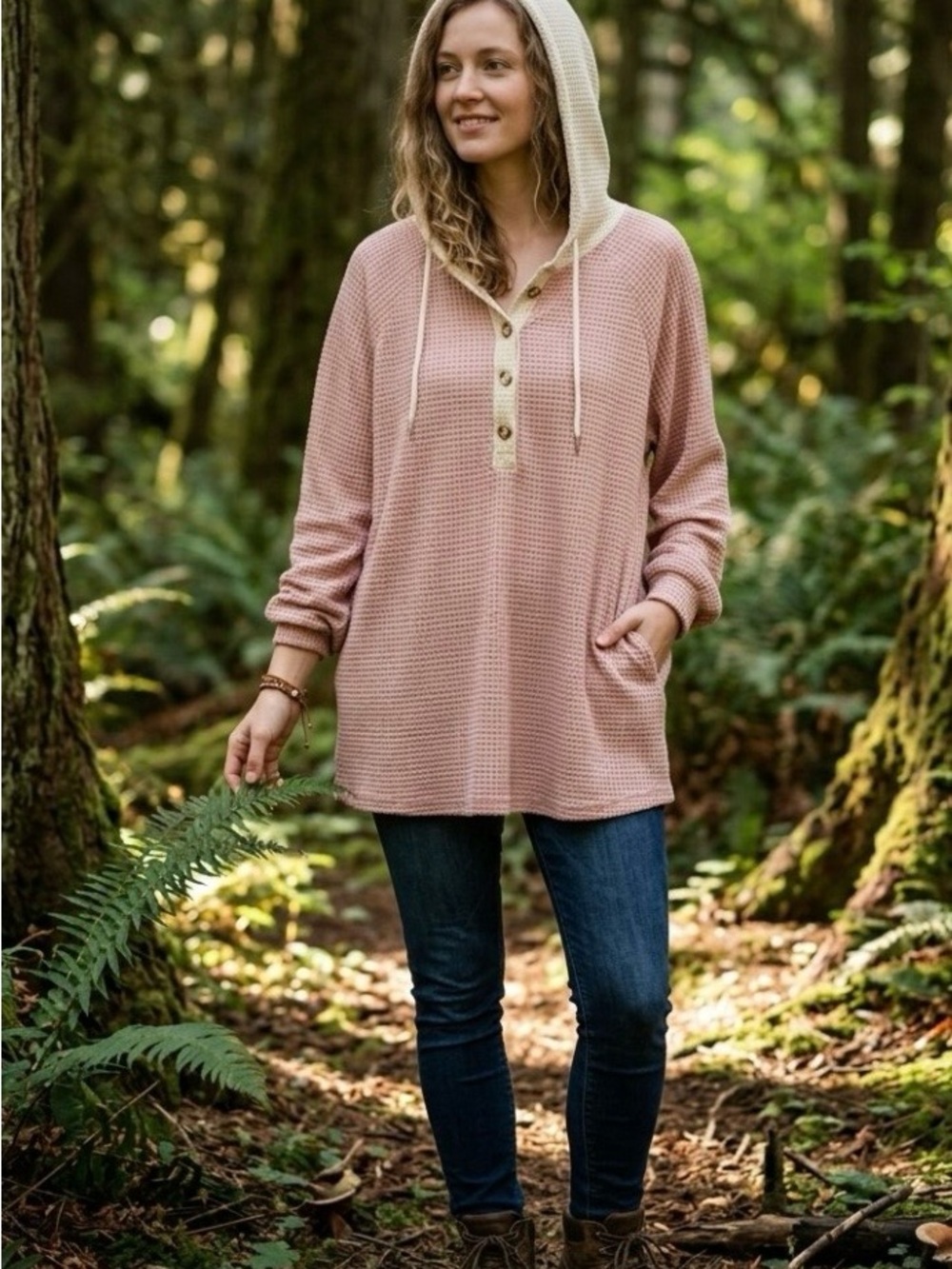 Cozy Waffle-Knit Hooded Pullover - Dusty Rose